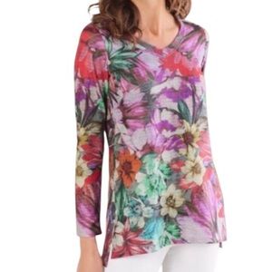 Soft Surroundings First Bloom Tunic vibrant watercolor floral V-neckline Comfort
